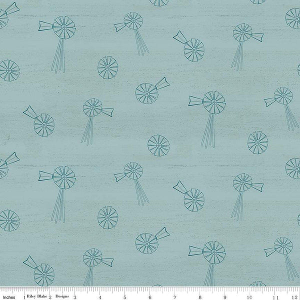 SALE Spring Barn Quilts Windmills C14333 Aqua - Riley Blake Designs - Line-Drawn Windmills - Quilting Cotton Fabric