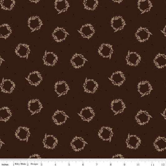 SALE Huckleberry Saltbox Wreaths C14351 Brown - Riley Blake Designs - Quilting Cotton Fabric