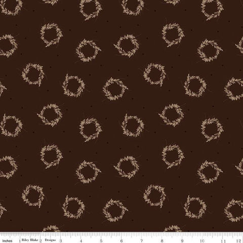 SALE Huckleberry Saltbox Wreaths C14351 Brown by Riley Blake Designs - Quilting Cotton Fabric