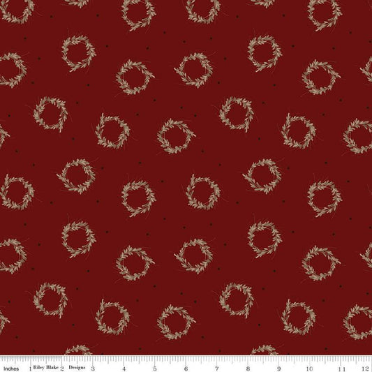 Fat Quarter End of Bolt - SALE Huckleberry Saltbox Wreaths C14351 Mahogany - Riley Blake Designs - Quilting Cotton Fabric