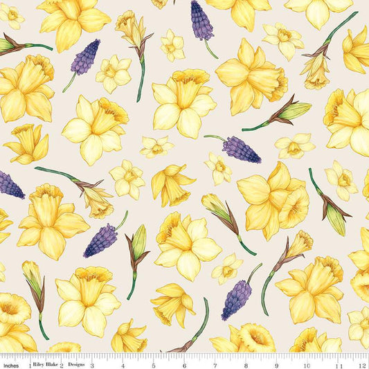 CLEARANCE 23" End of Bolt - Monthly Placemats 2 April Daffodils C13927 Cream - Riley Blake Designs - Floral Flowers - Quilting Cotton Fabric