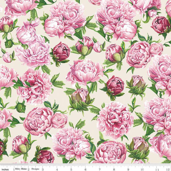 CLEARANCE Monthly Placemats 2 May Peonies C13929 Cream - Riley Blake Designs - Floral Flowers - Quilting Cotton Fabric