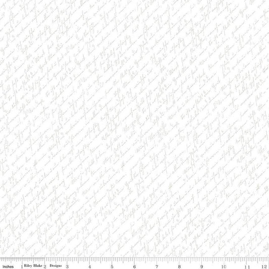 SALE Lights On Home Script C14474 - Riley Blake Designs - White-on-White Diagonal Vintage Cursive Text - Quilting Cotton Fabric