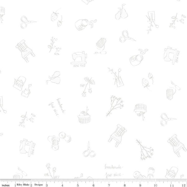 CLEARANCE Lights On Sew Time C14478 - Riley Blake Designs - White-on-White Scissors Spools Chairs Flowers Fruit - Quilting Cotton Fabric