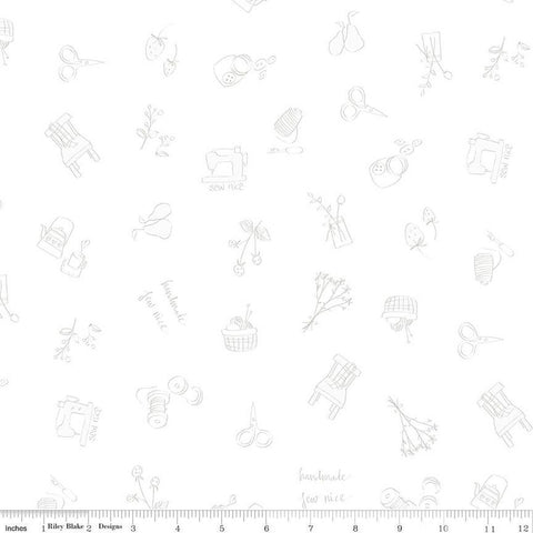SALE Lights On Sew Time C14478 - Riley Blake Designs - White-on-White Scissors Spools Chairs Flowers Fruit - Quilting Cotton Fabric