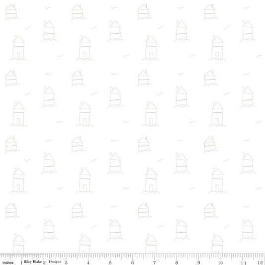 33" End of Bolt - DEAL Lights On Homemade C14484 - Riley Blake Designs - White-on-White Outlined Houses - Quilting Cotton Fabric