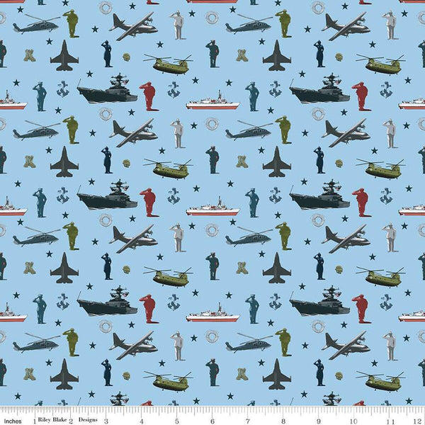 SALE Coming Home Armed Forces Main C14420 Blue by Riley Blake Designs - Personnel Vehicles Icons Patriotic - Quilting Cotton Fabric