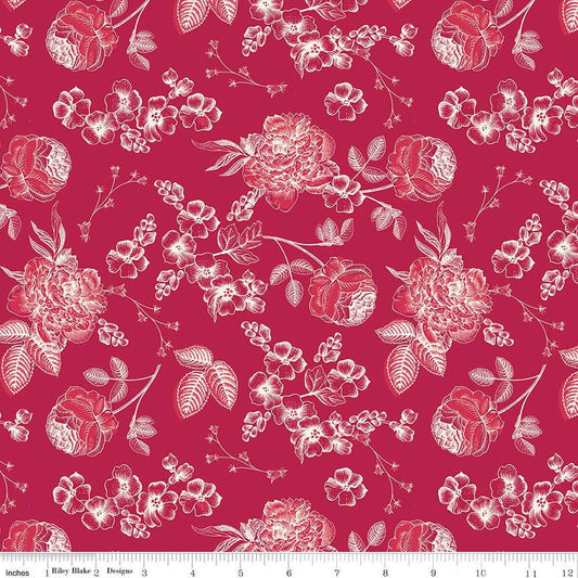 SALE Heirloom Red Line Floral C14341 Berry - Riley Blake Designs - Flowers Leaves - Quilting Cotton Fabric