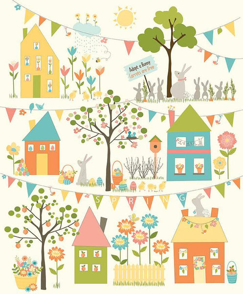 Spring's in Town Panel P14218 by Riley Blake Designs - Springtime Trees Flowers Houses Rabbits - Quilting Cotton Fabric