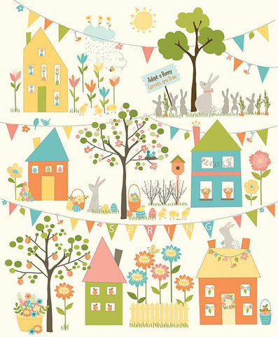 SALE Spring's in Town Panel P14218 by Riley Blake Designs - Springtime Trees Flowers Houses Rabbits - Quilting Cotton Fabric