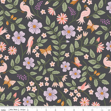 SALE Let It Bloom Main C14280 Charcoal - Riley Blake Designs - Floral Flowers Birds - Quilting Cotton Fabric
