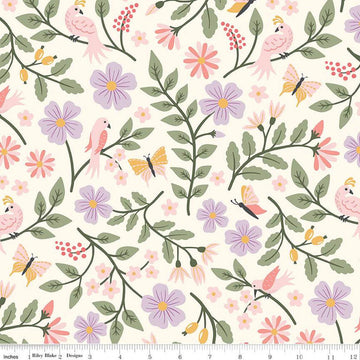 23" End of Bolt - Let It Bloom Main C14280 Cream by Riley Blake Designs - Floral Flowers Birds - Quilting Cotton Fabric