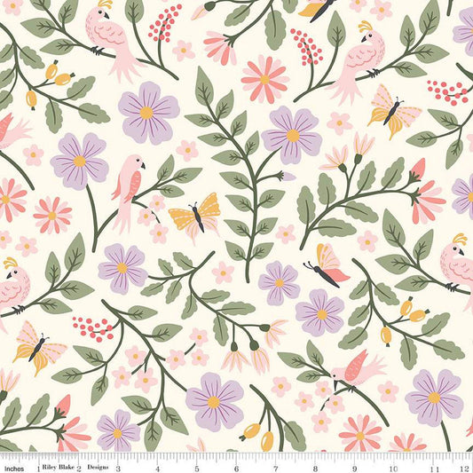 23" End of Bolt - Let It Bloom Main C14280 Cream by Riley Blake Designs - Floral Flowers Birds - Quilting Cotton Fabric