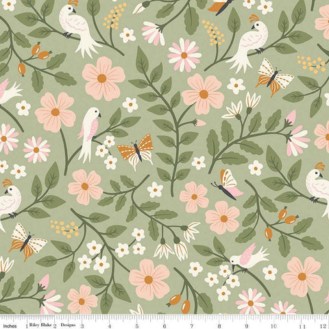 Let It Bloom Main C14280 Sage by Riley Blake Designs - Floral Flowers Birds - Quilting Cotton Fabric