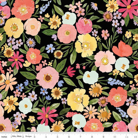 Flora No. 6 Main C14460 Black by Riley Blake Designs - Floral Flowers - Quilting Cotton Fabric