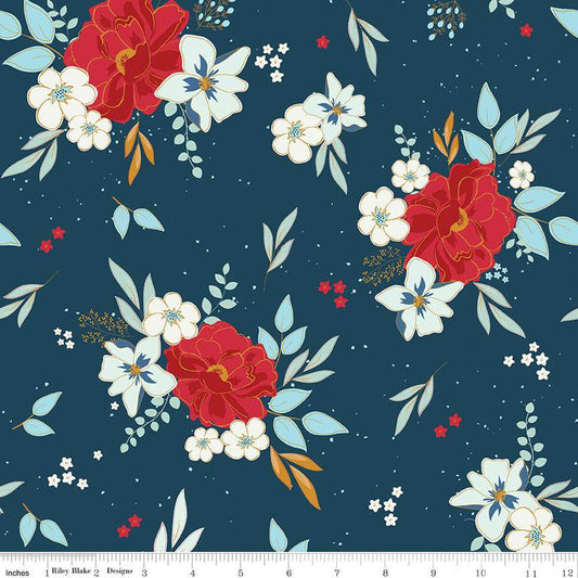 Fat Quarter End of Bolt - Sweet Freedom Main SC14410 Oxford SPARKLE - Riley Blake - Patriotic Flowers Gold SPARKLE - Quilting Cotton Fabric