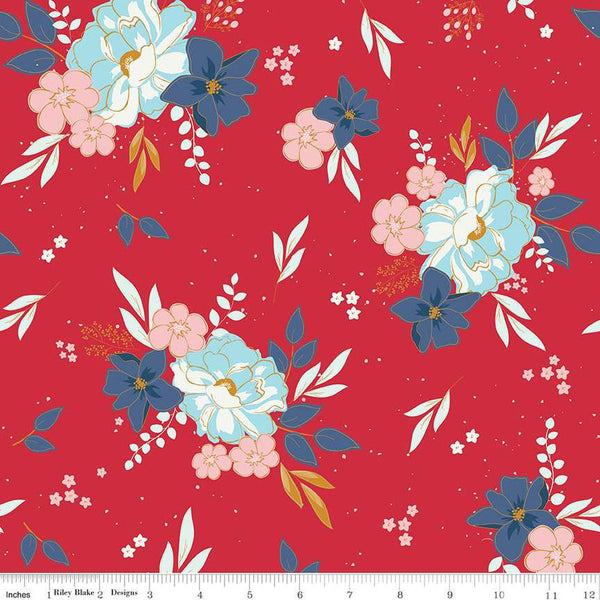 Sweet Freedom Main SC14410 Red SPARKLE - Riley Blake Designs - Patriotic Floral Flowers Gold SPARKLE - Quilting Cotton Fabric