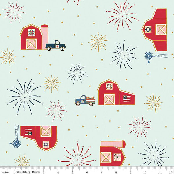 Sweet Freedom Barns SC14410 Bleached Denim SPARKLE - Riley Blake Designs - Patriotic Trucks Gold SPARKLE - Quilting Cotton Fabric