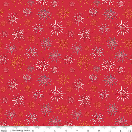 Fat Quarter End of Bolt - Sweet Freedom Fireworks SC14412 Red SPARKLE - Riley Blake Designs - Patriotic Gold SPARKLE  Quilting Cotton Fabric