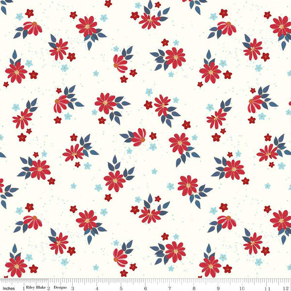 Fat Quarter End of Bolt - Sweet Freedom Summer Flowers SC14413 Cloud SPARKLE - Riley Blake - Patriotic Floral Gold - Quilting Cotton Fabric