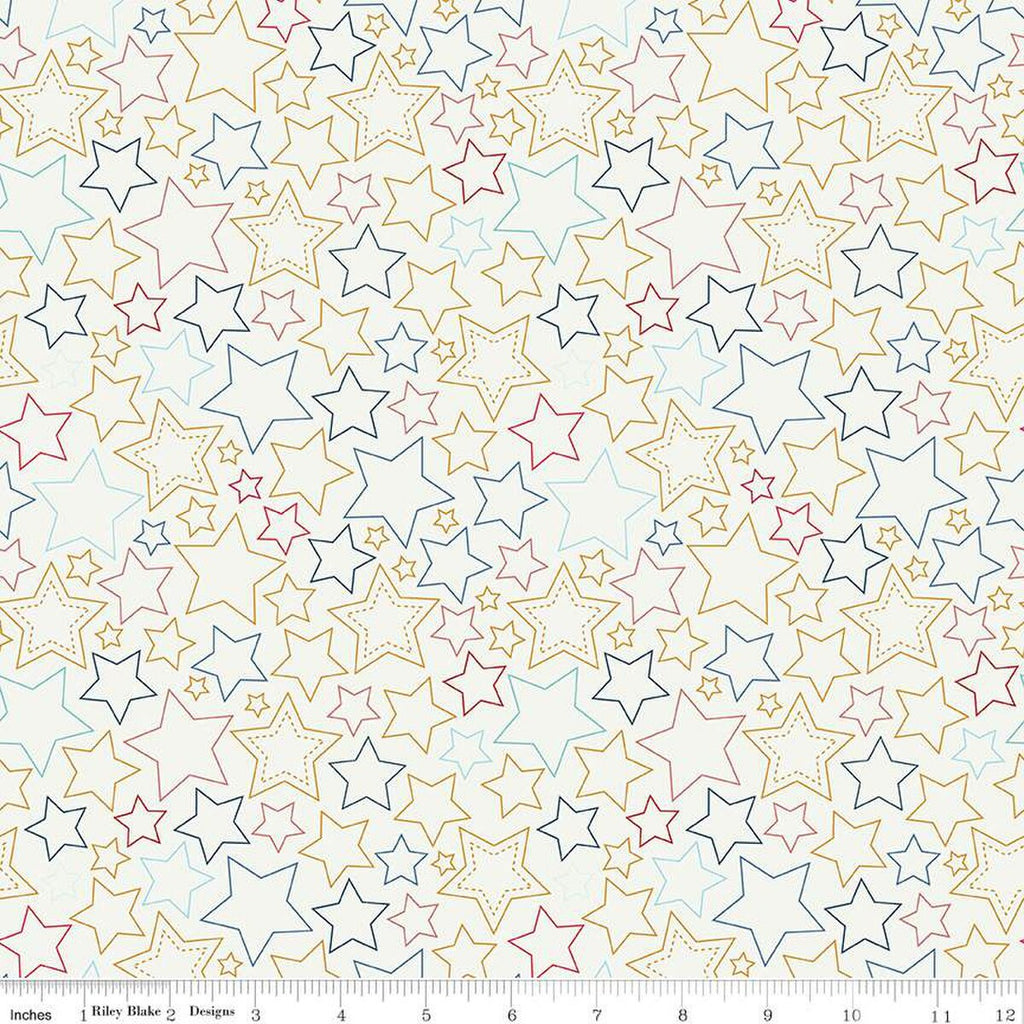 SALE Sweet Freedom Stars SC14414 Multi SPARKLE - Riley Blake Designs - Patriotic Outlined Stars Gold SPARKLE - Quilting Cotton Fabric