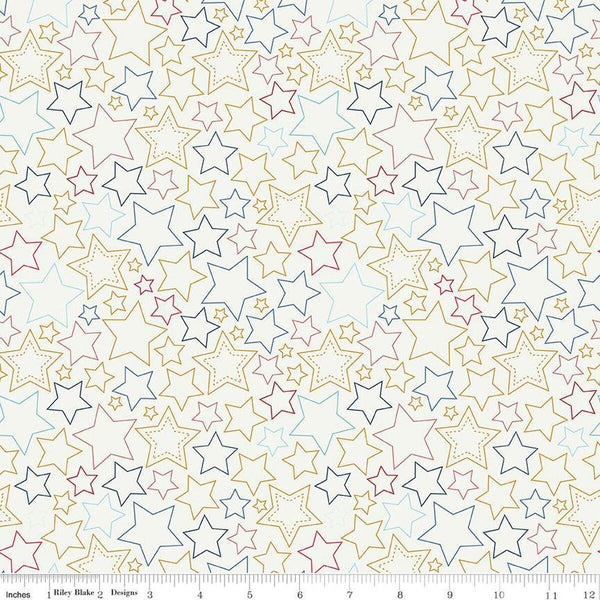 Sweet Freedom Stars SC14414 Multi SPARKLE - Riley Blake Designs - Patriotic Outlined Stars Gold SPARKLE - Quilting Cotton Fabric