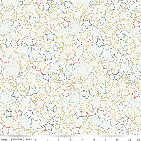 SALE Sweet Freedom Stars SC14414 Multi SPARKLE - Riley Blake Designs - Patriotic Outlined Stars Gold SPARKLE - Quilting Cotton Fabric