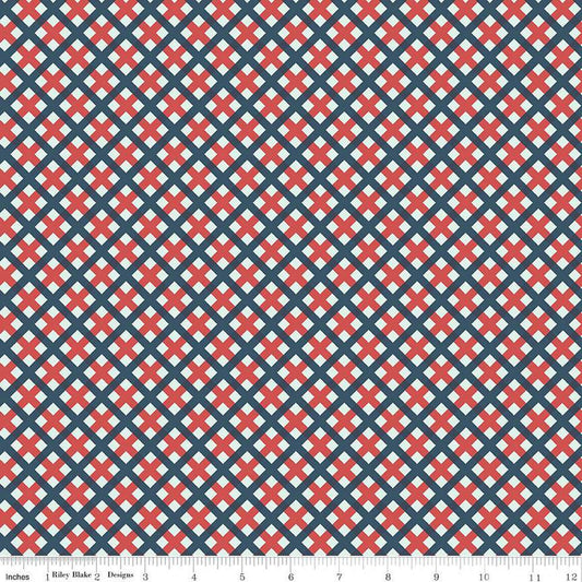 35" End of Bolt - Sweet Freedom PRINTED Gingham Picnic C14417 Multi by Riley Blake - Patriotic Diagonal Check - Quilting Cotton Fabric