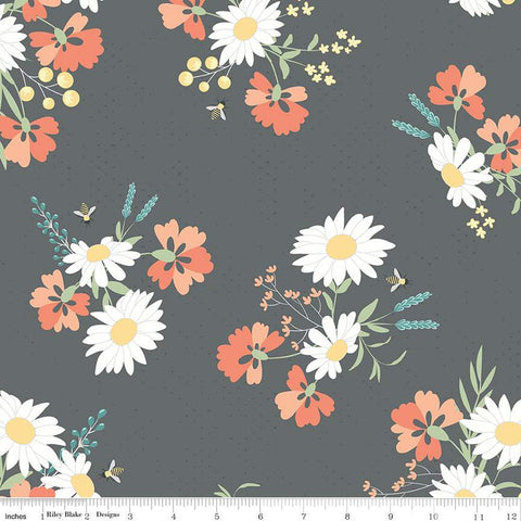 SALE Sunshine and Sweet Tea Main C14320 Steel by Riley Blake Designs - Floral Flowers Bees Pin Dots - Quilting Cotton Fabric