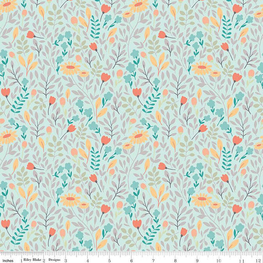 SALE Sunshine & Sweet Tea Summer Floral C14323 Mint - Riley Blake Designs - Leaves Flowers - Quilting Cotton Fabric