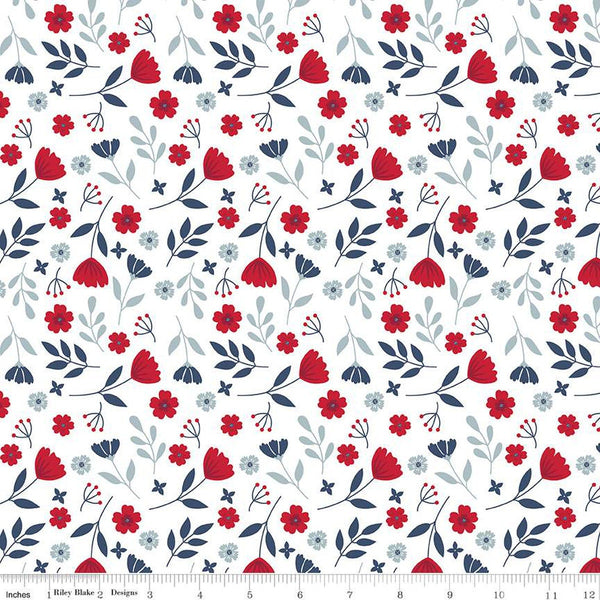 13" End of Bolt - American Beauty Floral C14441 White by Riley Blake Designs - Patriotic Leaves Flowers - Quilting Cotton Fabric