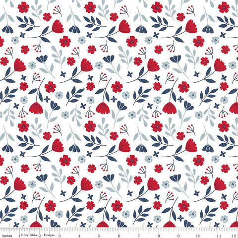 13" End of Bolt - American Beauty Floral C14441 White by Riley Blake Designs - Patriotic Leaves Flowers - Quilting Cotton Fabric