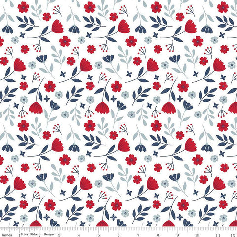 Fat Quarter End of Bolt - American Beauty Floral C14441 White by Riley Blake Designs - Patriotic Leaves Flowers - Quilting Cotton Fabric