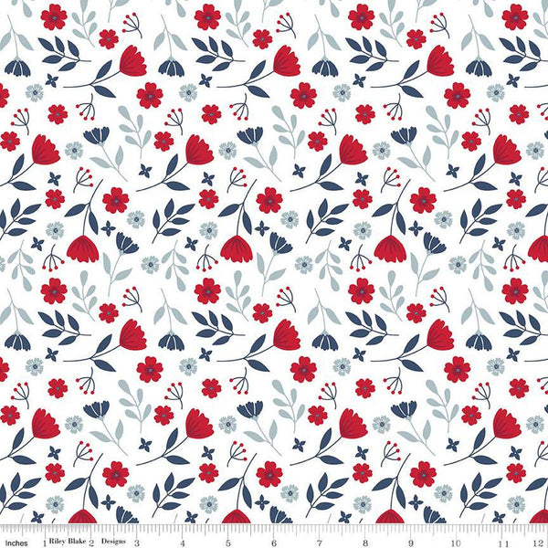 Fat Quarter End of Bolt - American Beauty Floral C14441 White by Riley Blake Designs - Patriotic Leaves Flowers - Quilting Cotton Fabric