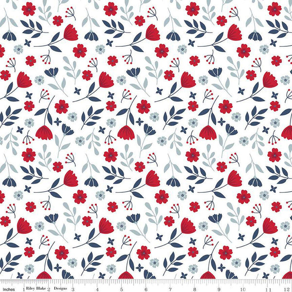 American Beauty Floral C14441 White by Riley Blake Designs - Patriotic Leaves Flowers - Quilting Cotton Fabric