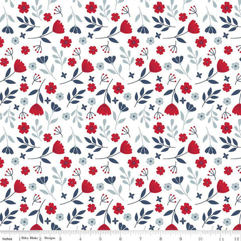 American Beauty Floral C14441 White by Riley Blake Designs - Patriotic Leaves Flowers - Quilting Cotton Fabric