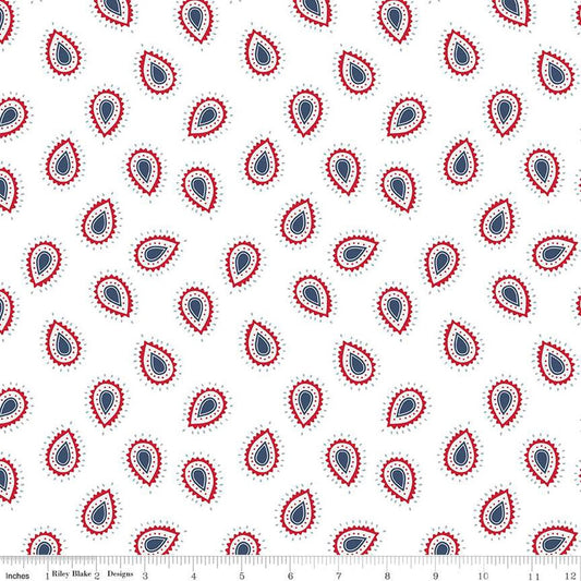 Fat Quarter End of Bolt - American Beauty Paisley C14442 White - Riley Blake Designs - Patriotic - Quilting Cotton Fabric
