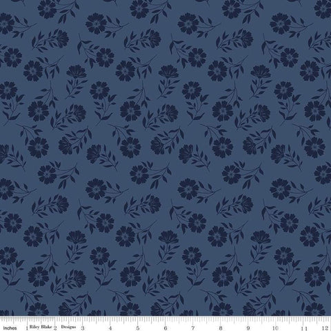 11" End of Bolt - American Beauty Tonal C14444 Navy by Riley Blake Designs - Patriotic Tone-on-Tone Floral Flowers - Quilting Cotton Fabric