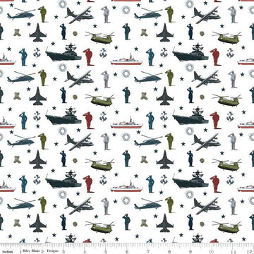 Coming Home Armed Forces Main C14420 White - Riley Blake Designs - Personnel Vehicles Icons Patriotic - Quilting Cotton Fabric