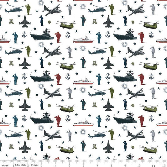 Coming Home Armed Forces Main C14420 White - Riley Blake Designs - Personnel Vehicles Icons Patriotic - Quilting Cotton Fabric