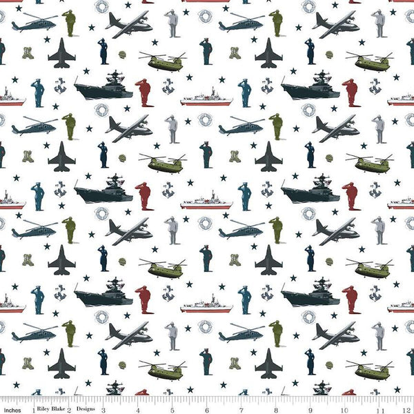 Coming Home Armed Forces Main C14420 White by Riley Blake Designs - Personnel Vehicles Icons Patriotic - Quilting Cotton Fabric