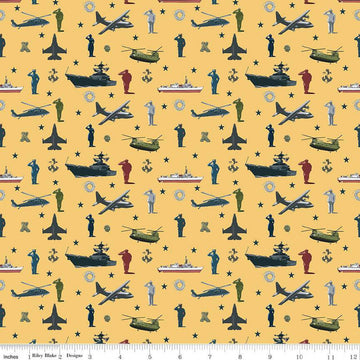 CLEARANCE Coming Home Armed Forces Main C14420 Yellow - Riley Blake Designs - Personnel Vehicles Icons Patriotic - Quilting Cotton Fabric