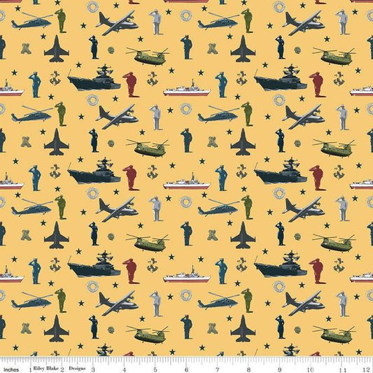 CLEARANCE Coming Home Armed Forces Main C14420 Yellow - Riley Blake Designs - Personnel Vehicles Icons Patriotic - Quilting Cotton Fabric