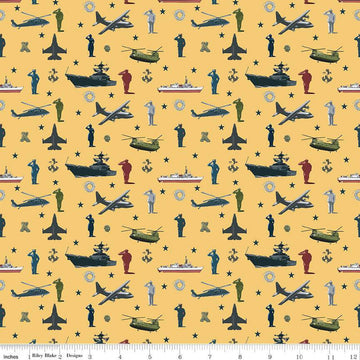 CLEARANCE 25" End of Bolt - Coming Home Armed Forces Main C14420 Yellow - Riley Blake - Personnel Vehicles Icons Patriotic - Quilting Cotton