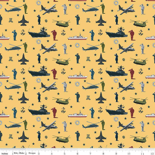 CLEARANCE 25" End of Bolt - Coming Home Armed Forces Main C14420 Yellow - Riley Blake - Personnel Vehicles Icons Patriotic - Quilting Cotton