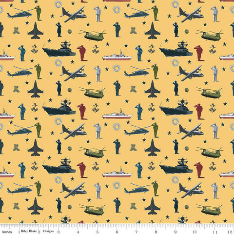 SALE Coming Home Armed Forces Main C14420 Yellow by Riley Blake Designs - Personnel Vehicles Icons Patriotic - Quilting Cotton Fabric