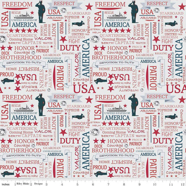 SALE Coming Home Coast Guard Text C14426 Silver by Riley Blake Designs - Armed Forces Patriotic - Quilting Cotton Fabric