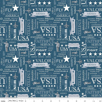Coming Home Air Force Text C14428 Denim - Riley Blake Designs - Armed Forces Patriotic - Quilting Cotton Fabric