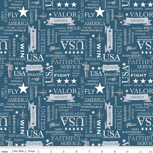 Coming Home Air Force Text C14428 Denim - Riley Blake Designs - Armed Forces Patriotic - Quilting Cotton Fabric