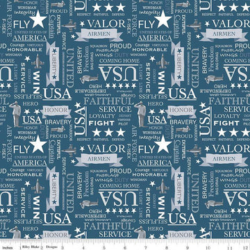 Fat Quarter End of Bolt - Coming Home Air Force Text C14428 Denim - Riley Blake Designs - Armed Forces Patriotic - Quilting Cotton Fabric